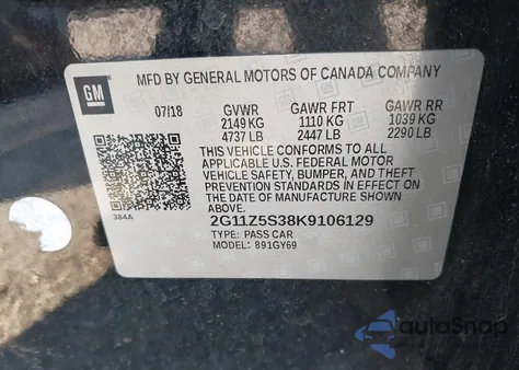 2019 Chevrolet Impala Lt z USA, uszkodzony, nr VIN 2G11Z5S38K9106129